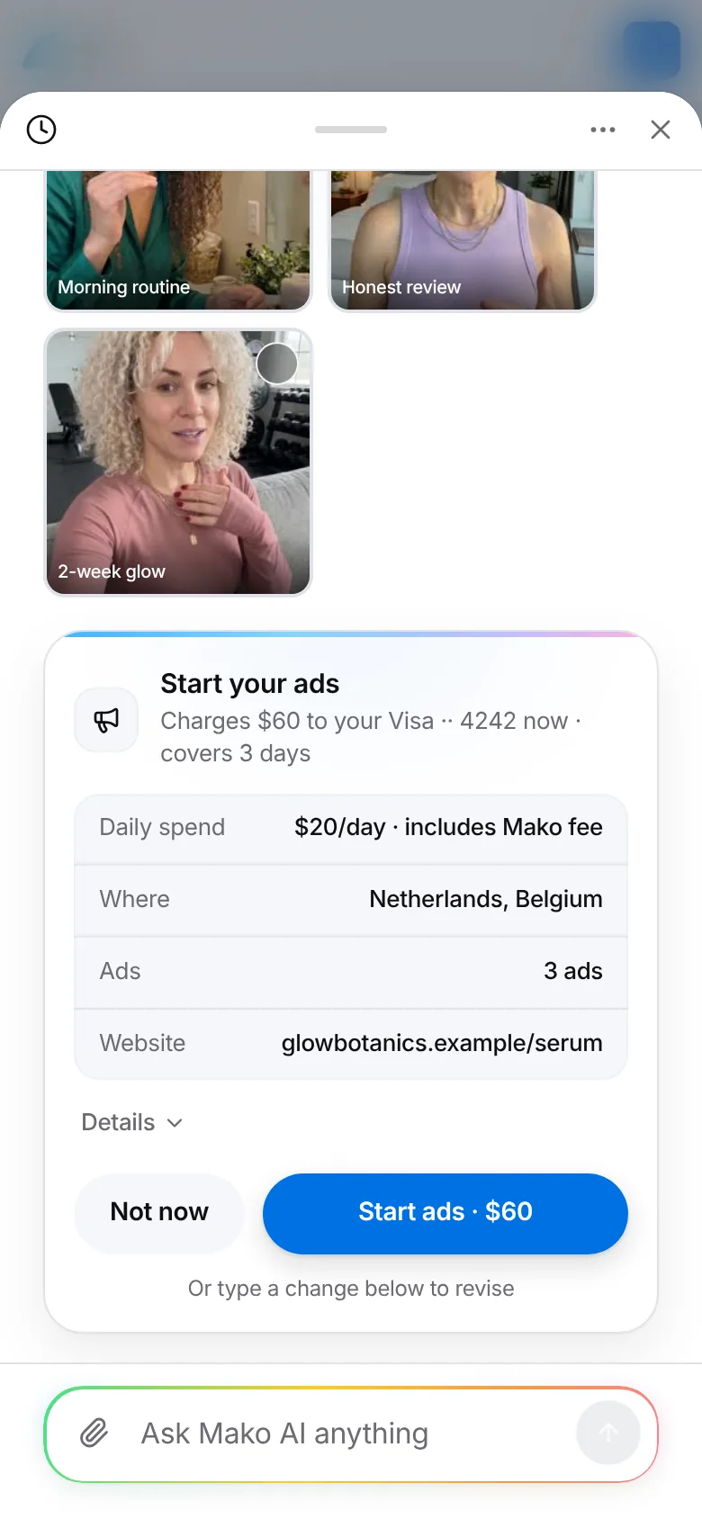 The same Start your ads card in Ask Mako on a phone