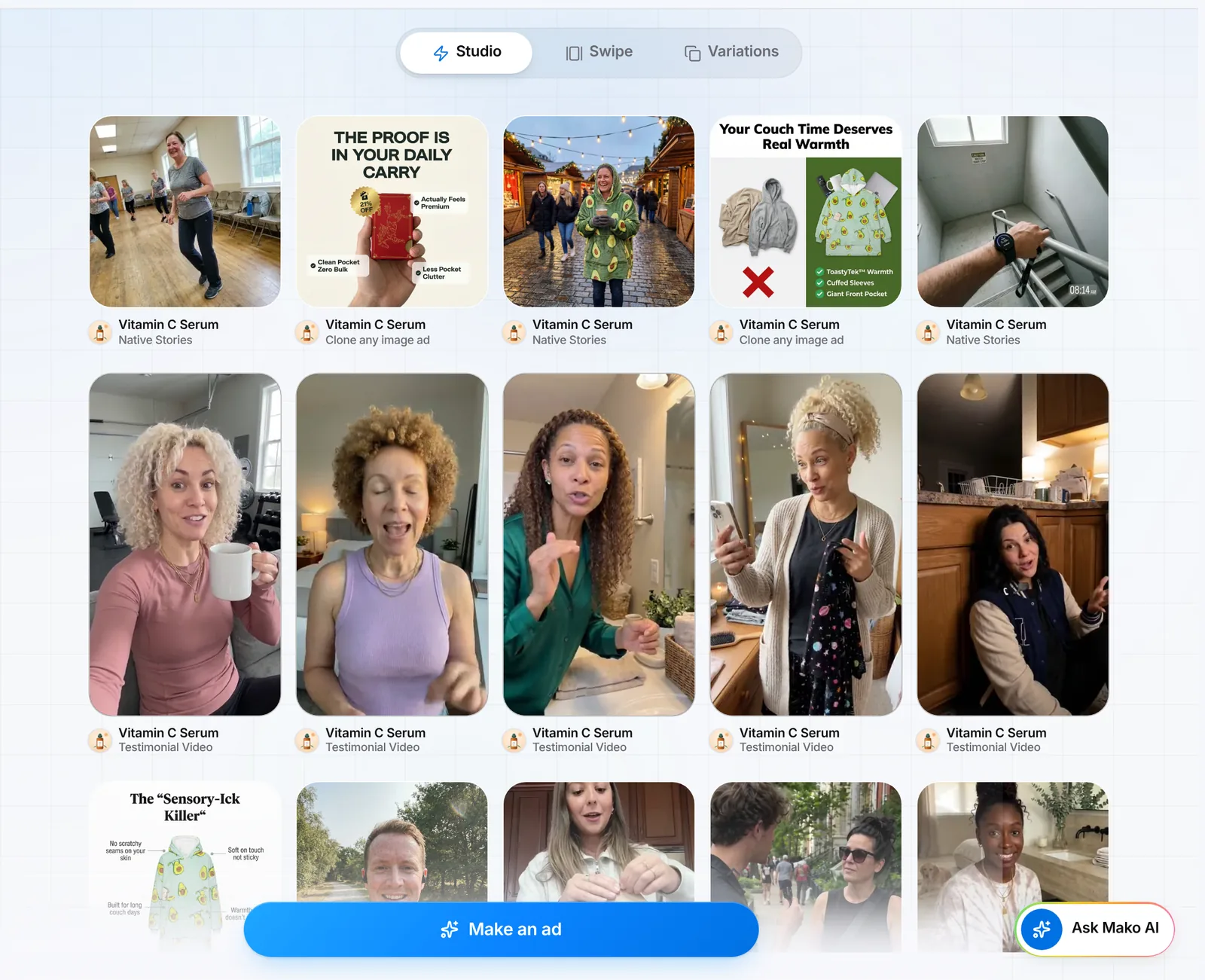 Create ads with the Studio, Swipe and Variations switcher on top, a grid of image and video ads, and the Make an ad button