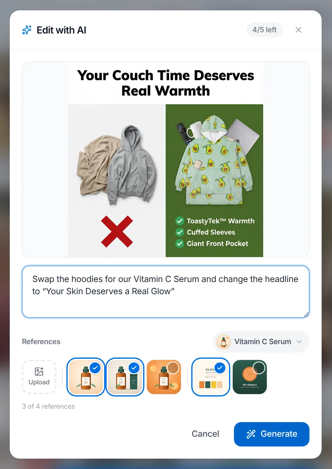 Edit with AI on a cloned ad: the prompt, and references picked from the saved product photos and Brand Book