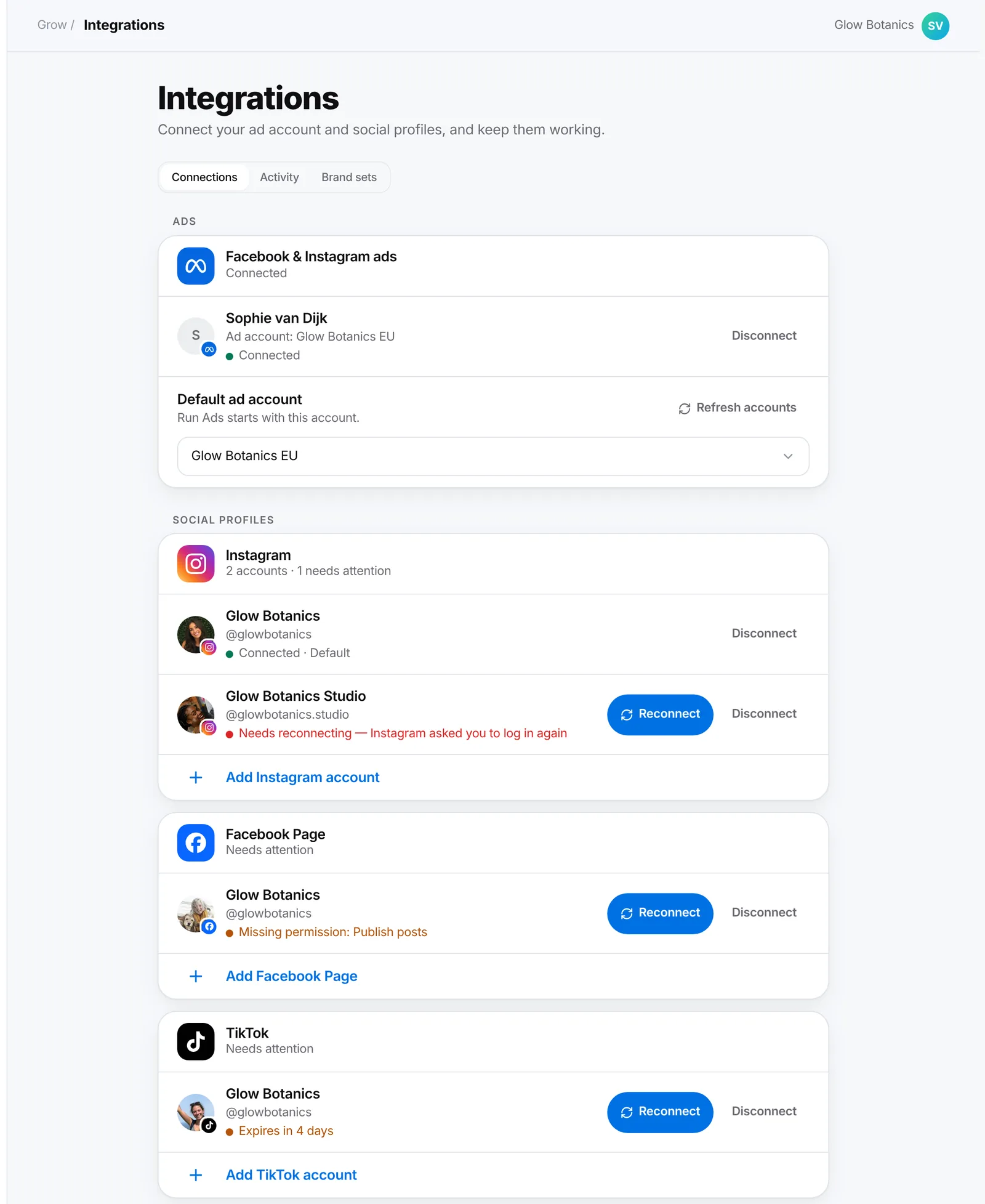 Integrations: Facebook & Instagram ads, Instagram, Facebook Page and TikTok, each with its status and a Reconnect button where needed