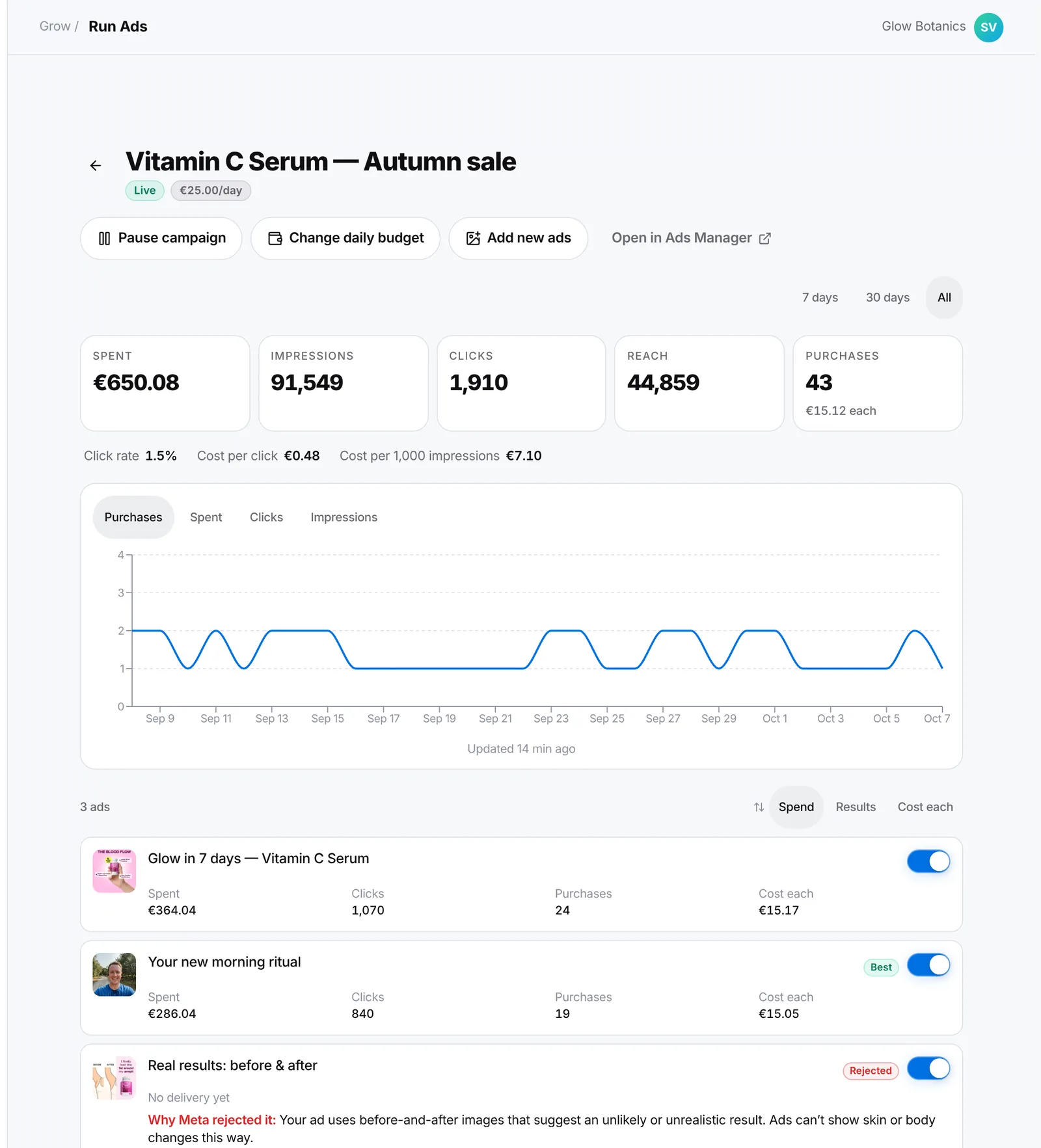 A live campaign in Run Ads: spend, impressions, clicks, reach and purchases, a chart, and three ads with on/off switches