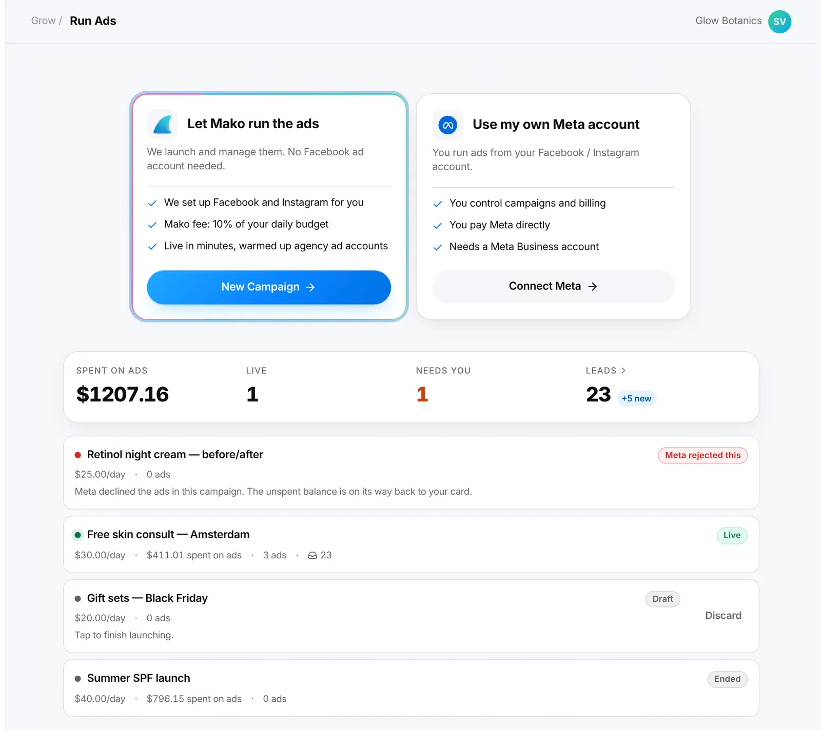 Run Ads in Mako: choose "Let Mako run the ads" or "Use my own Meta account", with your campaigns, money spent and leads below