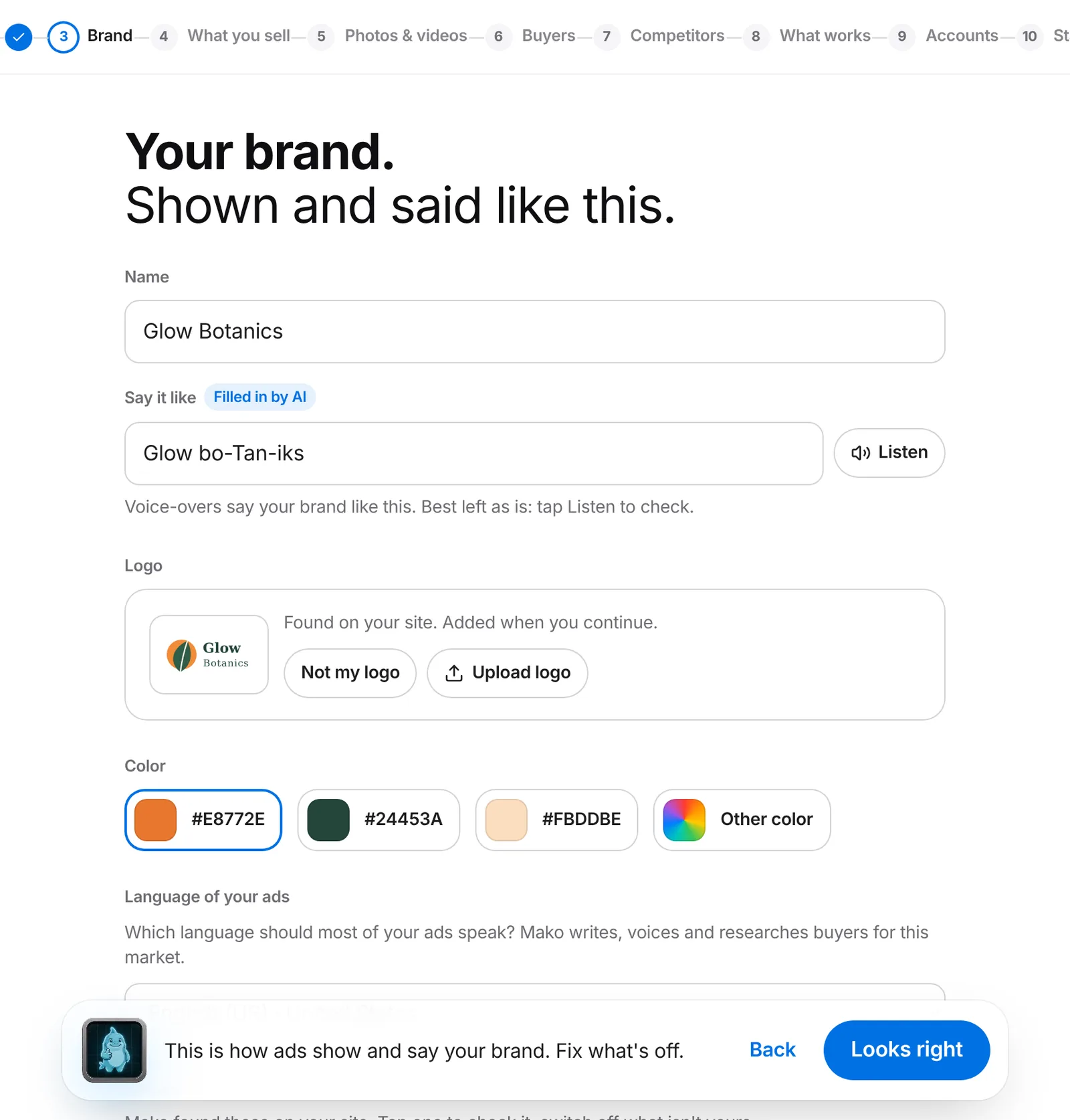 Setup with Mako: Your brand, shown and said like this, with the name, how to say it, the logo found on the website and the brand colours