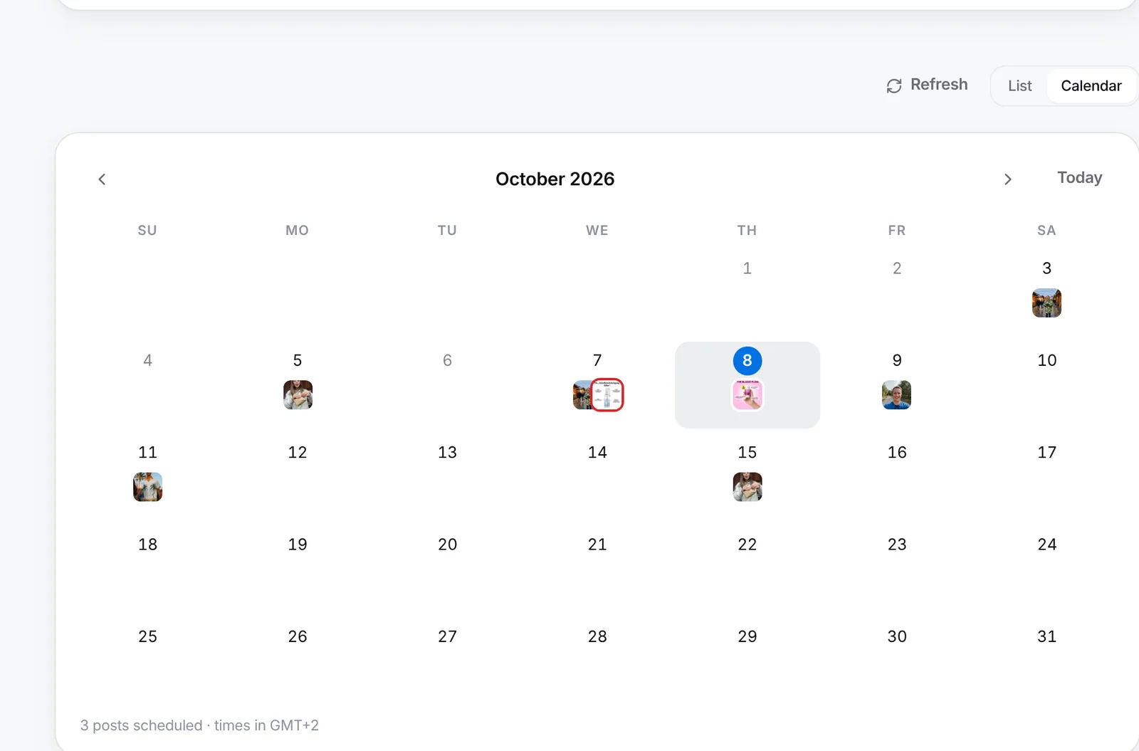 The calendar view of planned posts in Post to socials