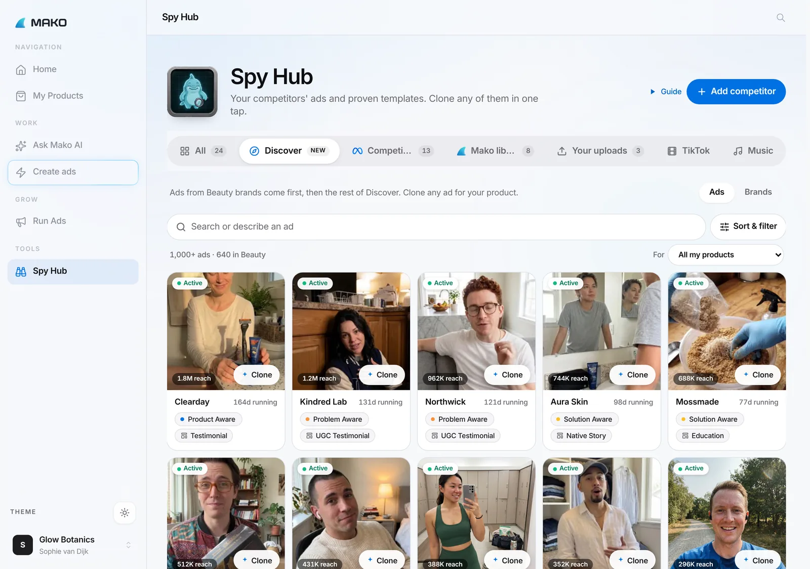 The Discover tab in Spy Hub: Meta ads from beauty brands first, each with its reach, days running and a Clone button