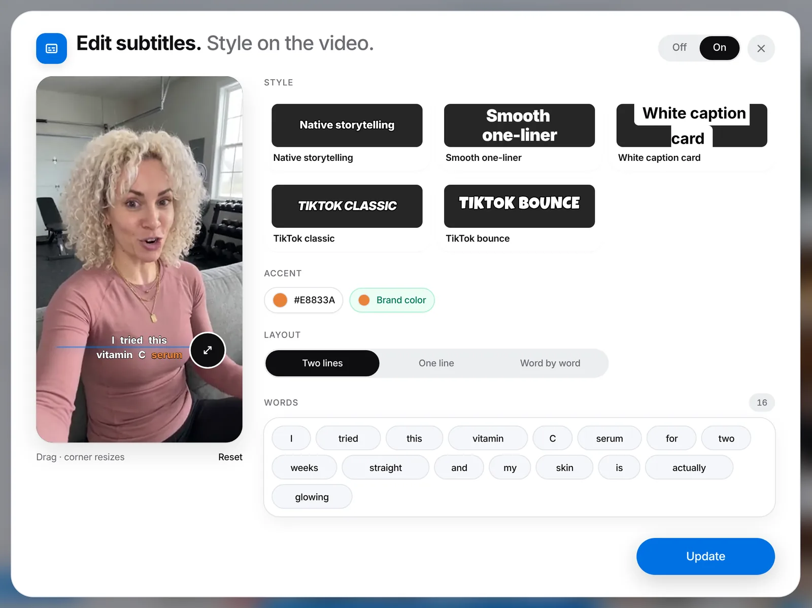Edit subtitles: a video with the spoken word lit in the brand colour, styles, accent colour, layout and the list of words