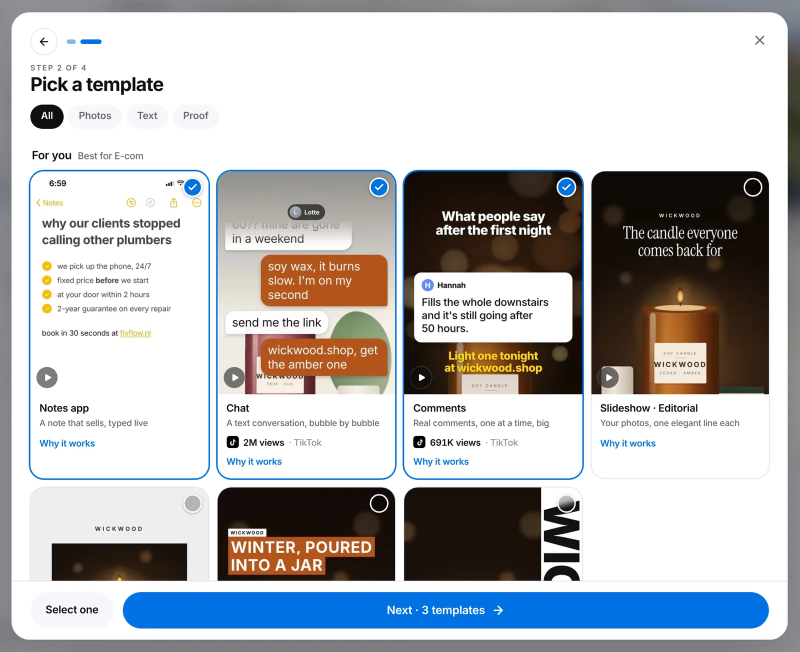 Pick a template: Notes app, Chat and Comments picked, with proof like 2M views on TikTok and a Why it works link on every card