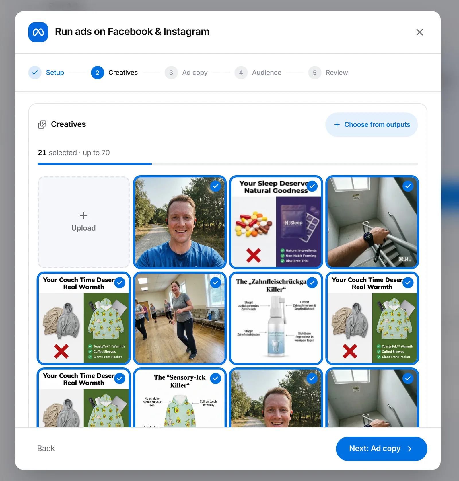 The Run ads on Facebook & Instagram wizard with 21 of up to 70 creatives selected